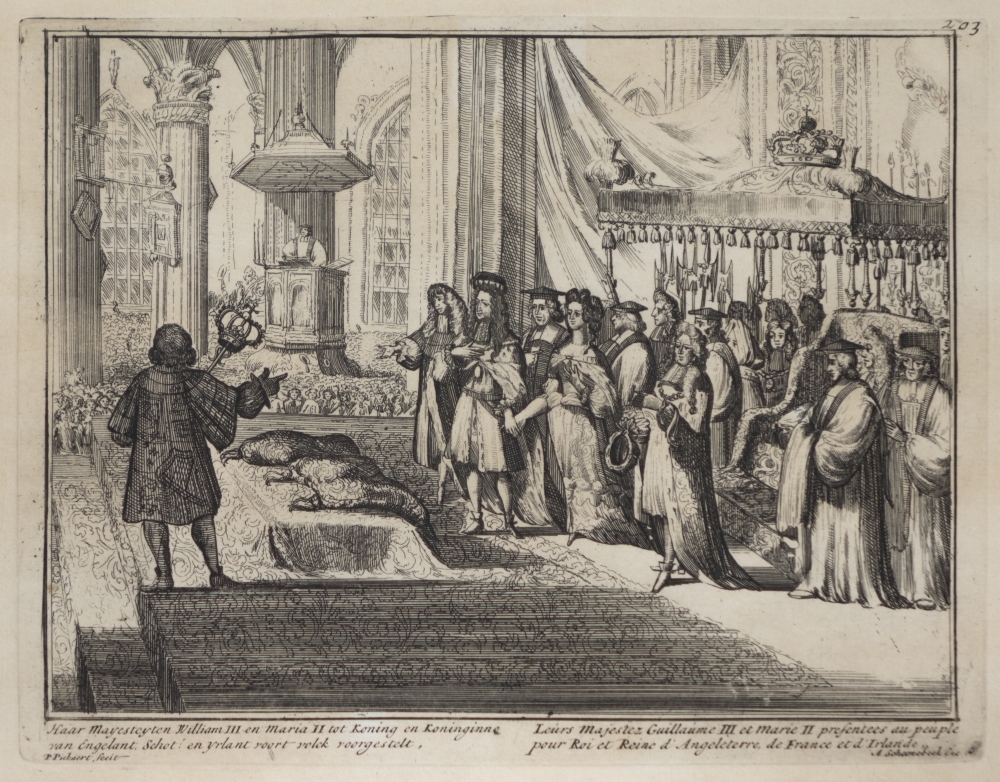 Engelands schouwtoneel verbeeldende de Glorieuze overtocht met het kronen van Willem III en Mary II tot koning en koningin van Groot Brittanie Frankrijk en Ierland etc. 2e deel.