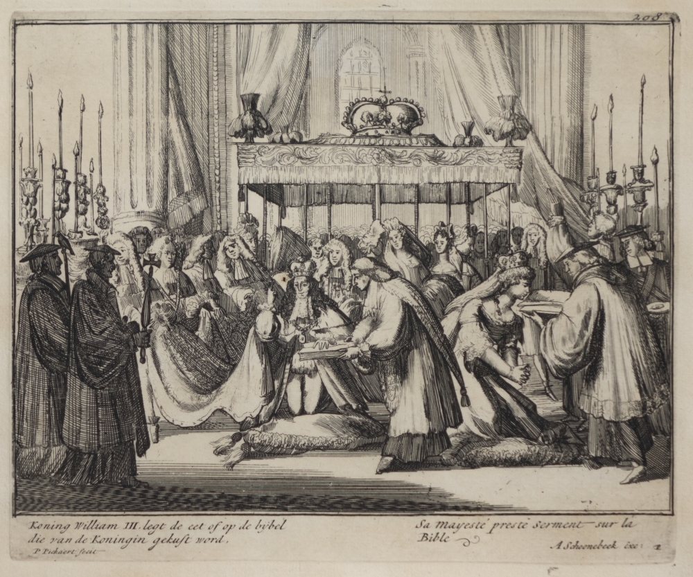Engelands schouwtoneel verbeeldende de Glorieuze overtocht met het kronen van Willem III en Mary II tot koning en koningin van Groot Brittanie Frankrijk en Ierland etc. 2e deel.