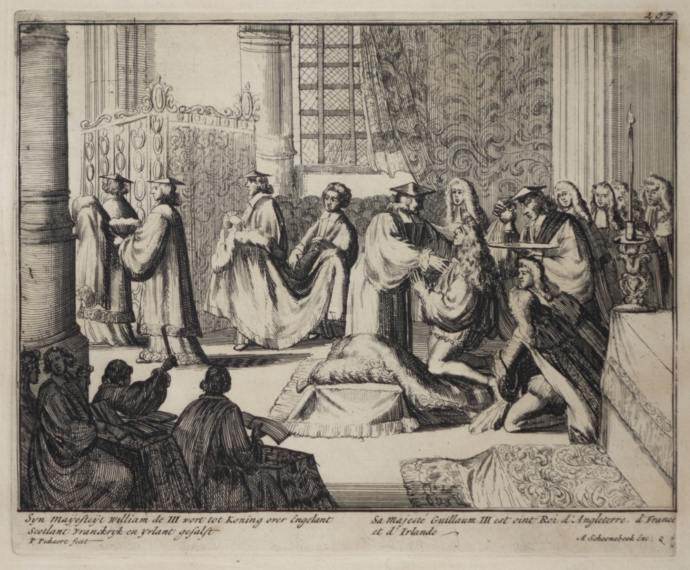 Engelands schouwtoneel verbeeldende de Glorieuze overtocht met het kronen van Willem III en Mary II tot koning en koningin van Groot Brittanie Frankrijk en Ierland etc. 2e deel.