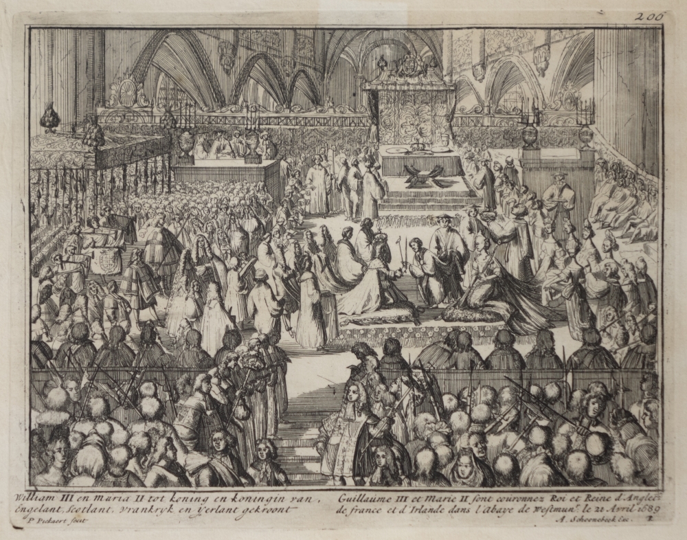 Engelands schouwtoneel verbeeldende de Glorieuze overtocht met het kronen van Willem III en Mary II tot koning en koningin van Groot Brittanie Frankrijk en Ierland etc. 2e deel.
