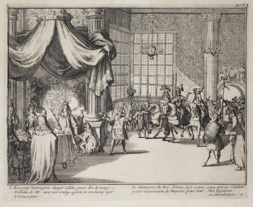 Engelands schouwtoneel verbeeldende de Glorieuze overtocht met het kronen van Willem III en Mary II tot koning en koningin van Groot Brittanie Frankrijk en Ierland etc. 2e deel.