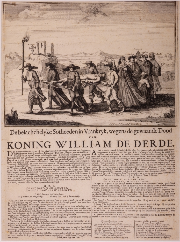 Spotprent op de reacties in Frankrijk op de vermeende dood van Willem III. "De belachelyke Sotheeden in Vrankryk, wegens de gewaande Dood van KONING WILLIAM DE DERDE."