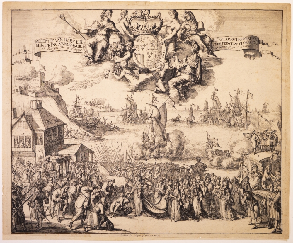 Zinnebeeldige voorstelling. Mary II, "RECEPTIE VAN HARE K.H.M. de PRINC. VAN ORANGIE, als koningin van Gr. Britagne."