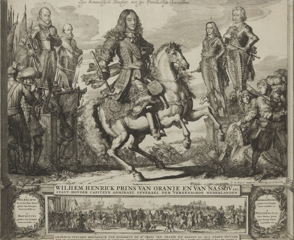 "WILHELM HENRICK VAN ORANJE EN VAN NASSOV ETC. STADT-HOVDER CAPITEYN ADMIRAEL GENERAEL DER VEREENIGHDE NEDERLANDEN." ontvangst te Amsterdam.