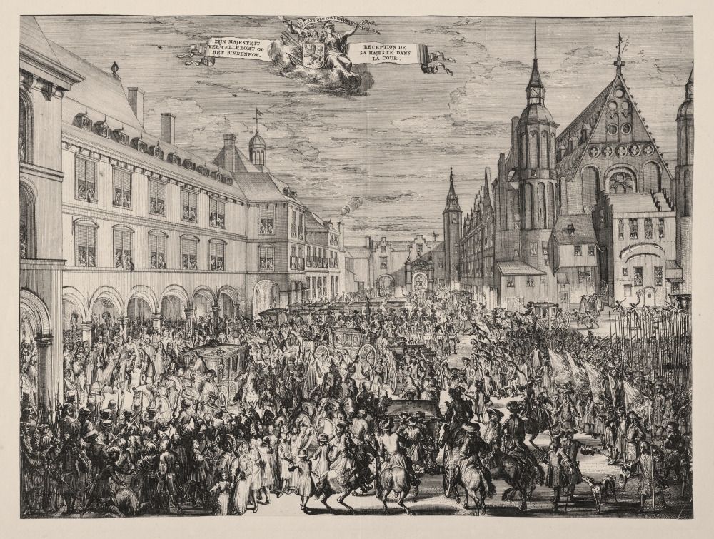 Entree van Willem III in 's Gravenhage na kroning in Londen. "Zijn Majesteit verwellekomt op het Binnenhof"