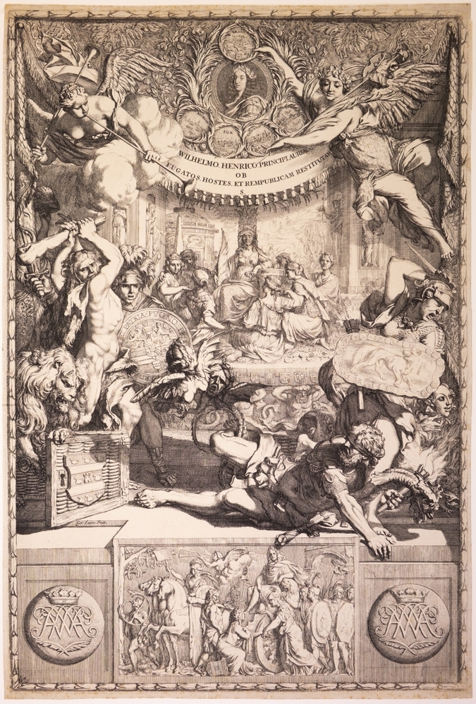 Zinn. voorstelling ter eere van Willem III na de zegenrijke veldtocht 1673.