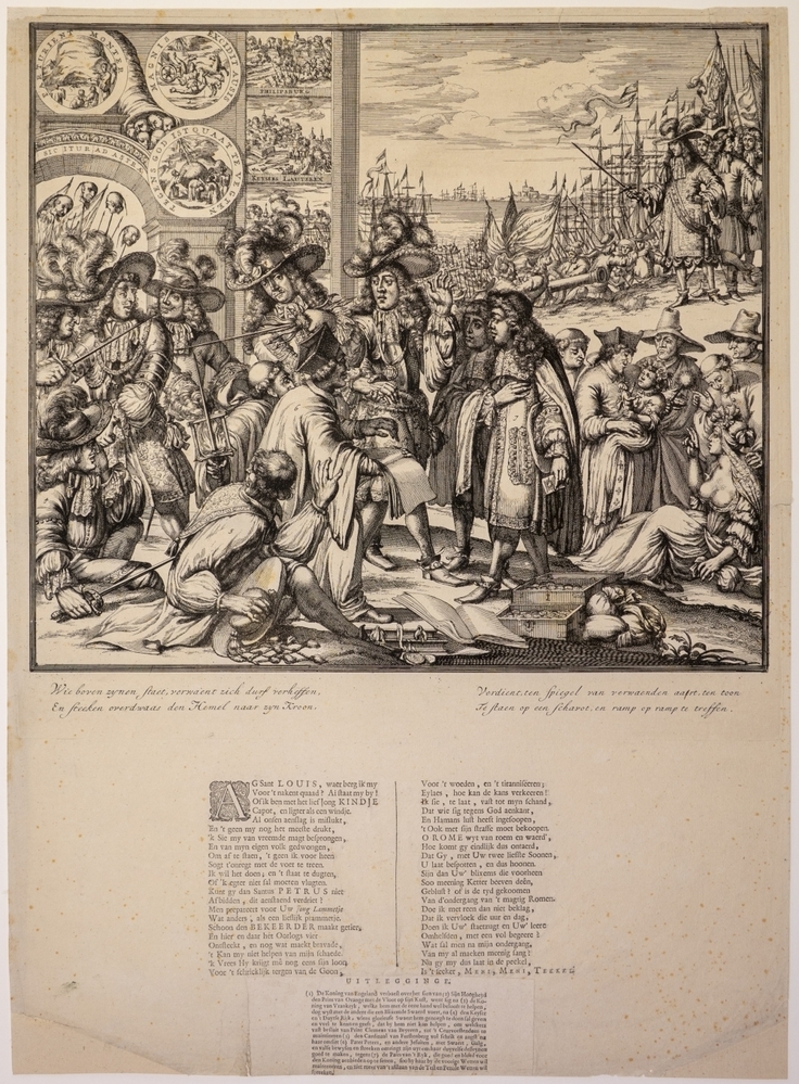 Spotprent op Jacobus II die de Franse koning om hulp vraagt.