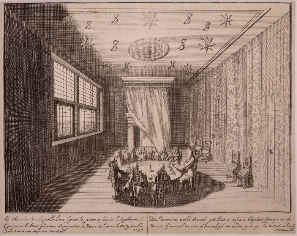 De vrede van Rijswijk. "De Kaemer in welke de vrede geteekent is tuschen Engelant Spanje en de Staeten Generael ter ener en Vranckrijk ter andere syde op den 20 septemebr 1697."