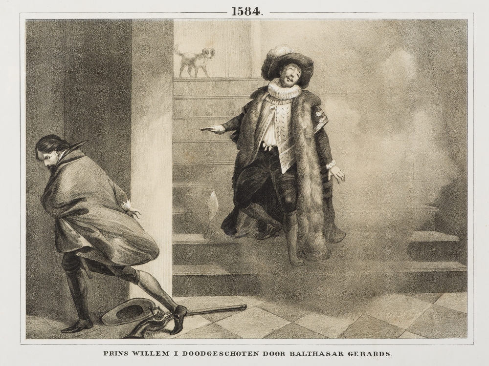 De moord op WILLEM I door Balthasar Gerards, te Delft.