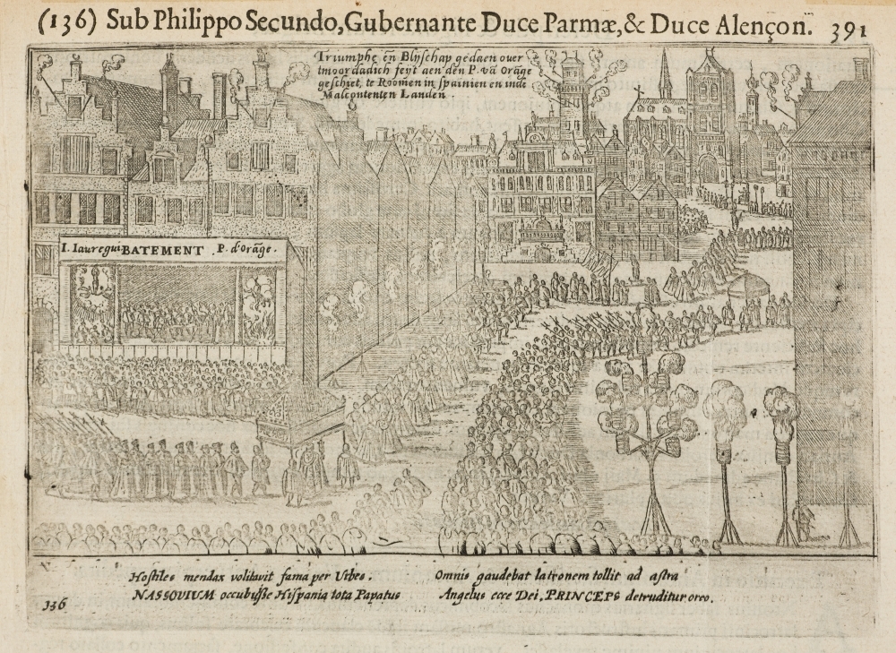 Het rondrijden met het lijk van de nog onbekende moordenaar Jean Jauregui die een aanslag op het leven van Willem I heeft gepleegd.