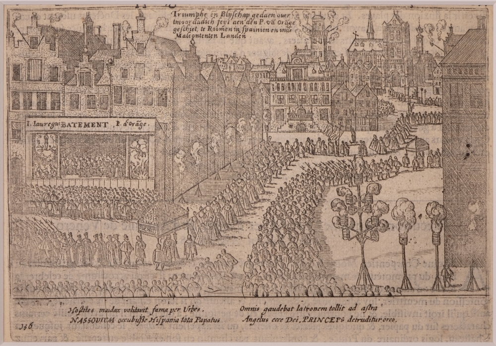 Het rondrijden met het lijk van de nog onbekende moordenaar Jean Jauregui, die een aanslag op het leven van Willem I heeft gepleegd.