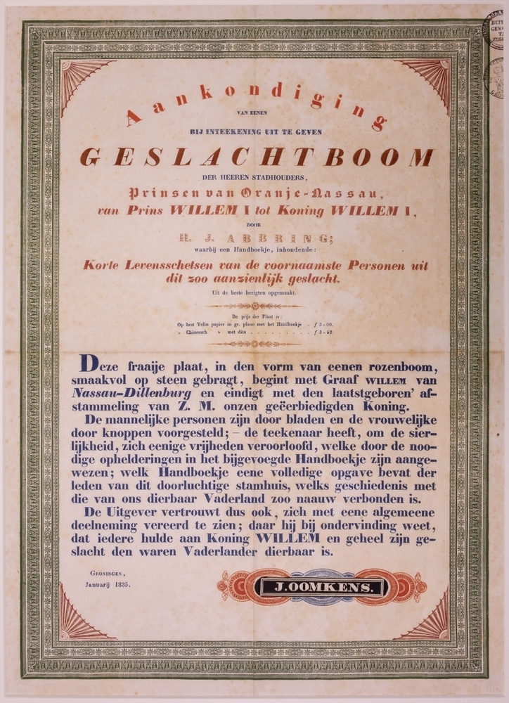 "Aankondiging VAN EENEN BIJ INTEEKENING UIT TE GEVEN GESLACHTSBOOM DER HEEREN STADHOUDERS, Prinsen van Oranje-Nassau, van Prins Willem I, tot Koning WILLEM I, ... etc."