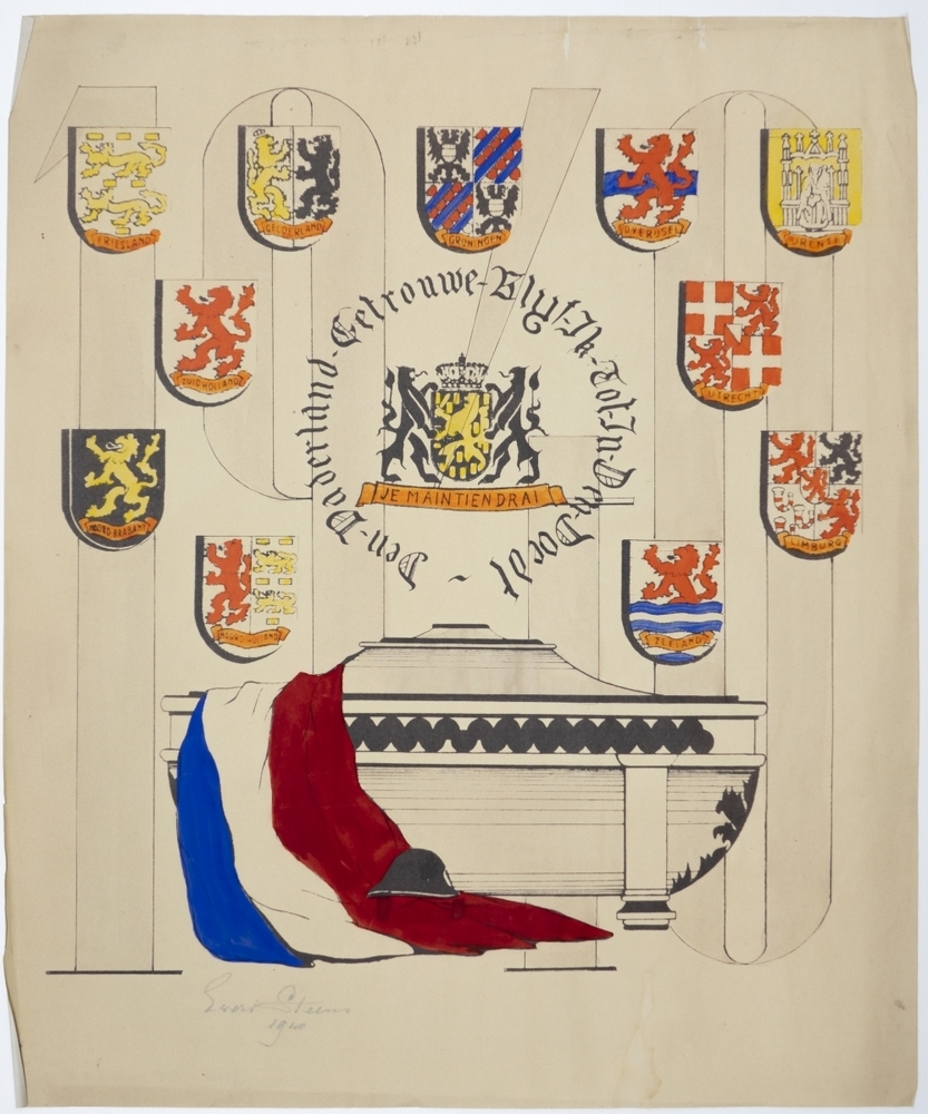 Wapen van Nederland, omlijst door tekst "Den Vaderland Getrouwe Blyf Ik Tot In Den Doedt".