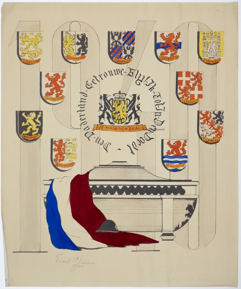 Wapen van Nederland, omlijst door tekst "Den Vaderland Getrouwe Blyf Ik Tot In Den Doedt".