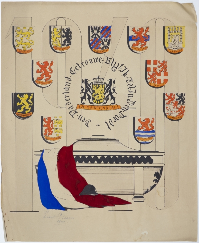 Wapen van Nederland, omlijst door tekst "Den Vaderland Getrouwe Blyf Ik Tot In Den Doedt".Wapen van Nederland, omlijst door tekst "Den Vaderland Getrouwe Blyf Ik Tot In Den Doedt".