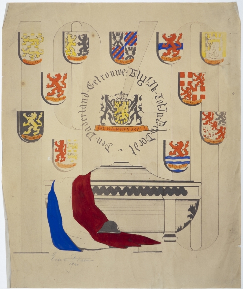 Wapen van Nederland, omlijst door tekst "Den Vaderland Getrouwe Blyf Ik Tot In Den Doedt".