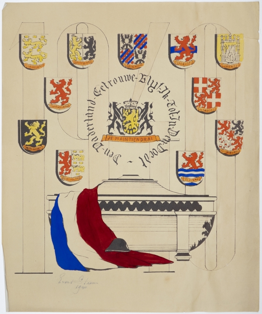 Wapen van Nederland, omlijst door tekst "Den Vaderland Getrouwe Blyf Ik Tot In Den Doedt".