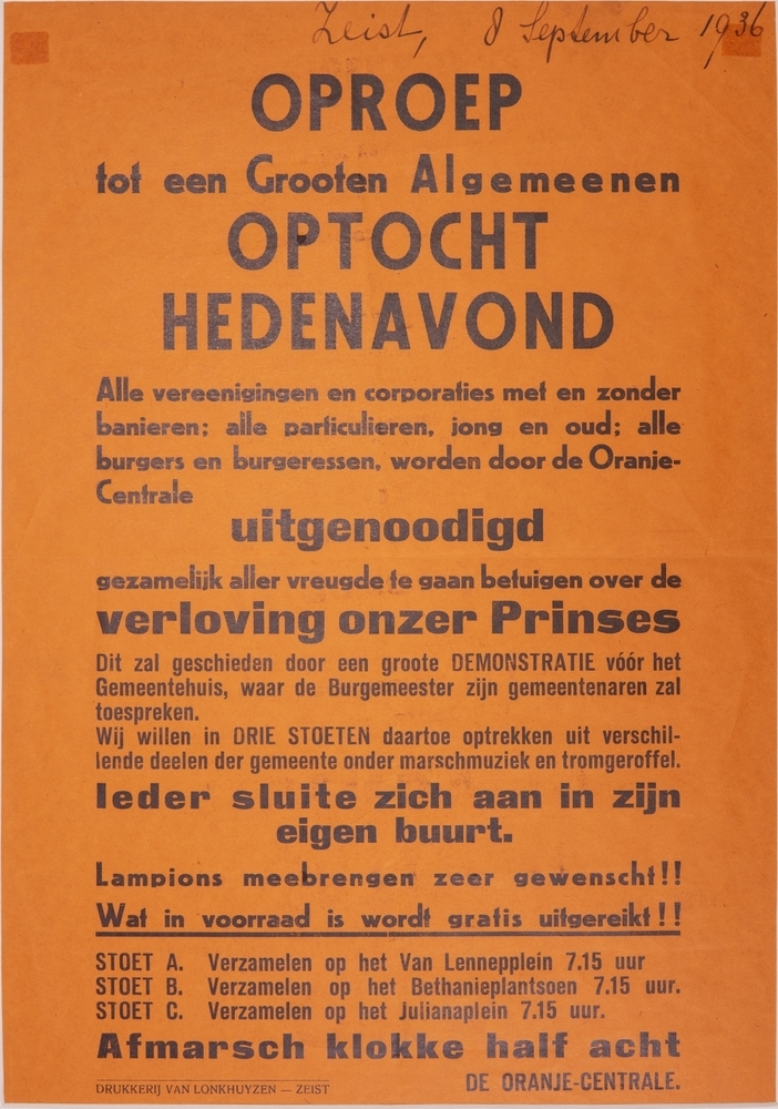 Pamflet optocht verloving Juliana en Bernhard