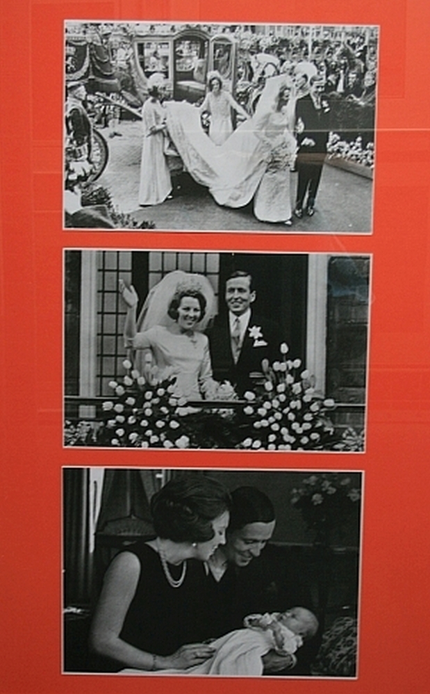 Zwart wit fotocollage feestelijkheden rond Beatrix en Claus.