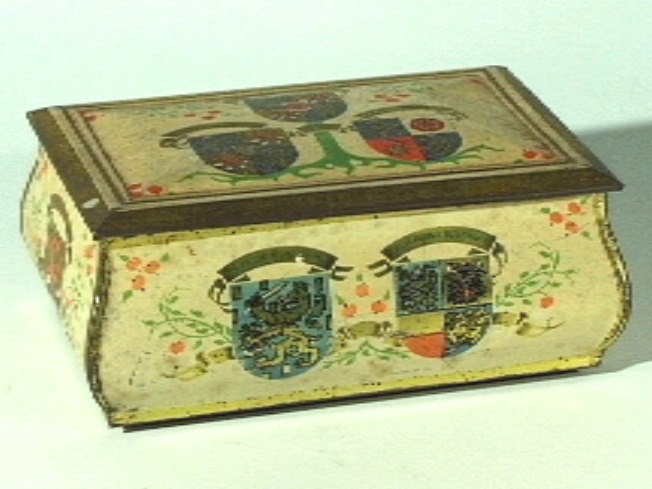 Blikken trommeltje met deksel, met buikige vorm.