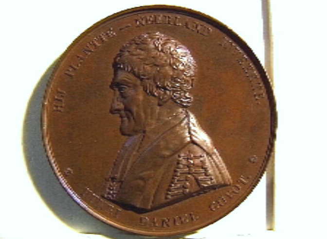 Penning t.g.v. vijftigjarig bestaan van het Doofstommen Instituut in Groningen, met portret van Henri Daniel Guyot.