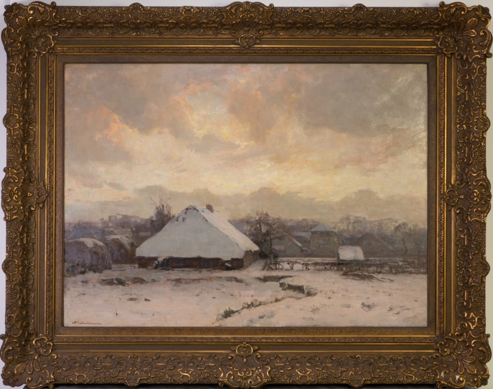 Sneeuwlandschap met boerderijen.