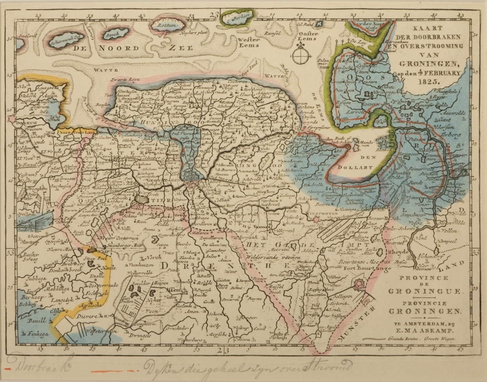 Kaart der doorbraken en overstrooming van Groningen