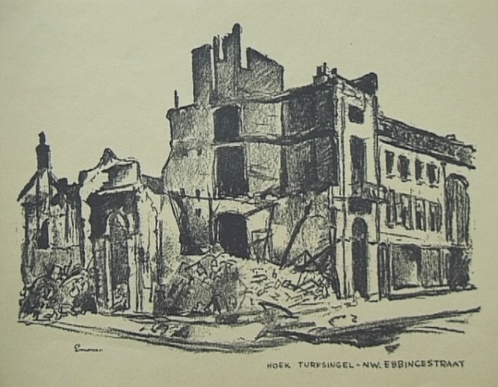 Hoek Turfsingel - Nieuwe Ebbingestraat te Groningen, 1945