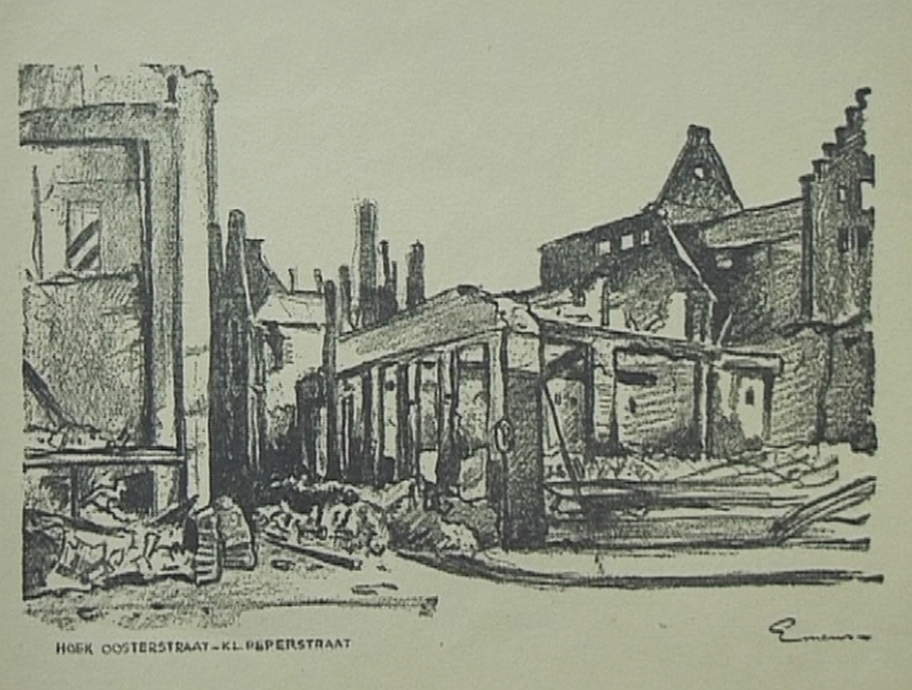 Hoek Oosterstraat- Kl Peperstraat te Groningen, 1945