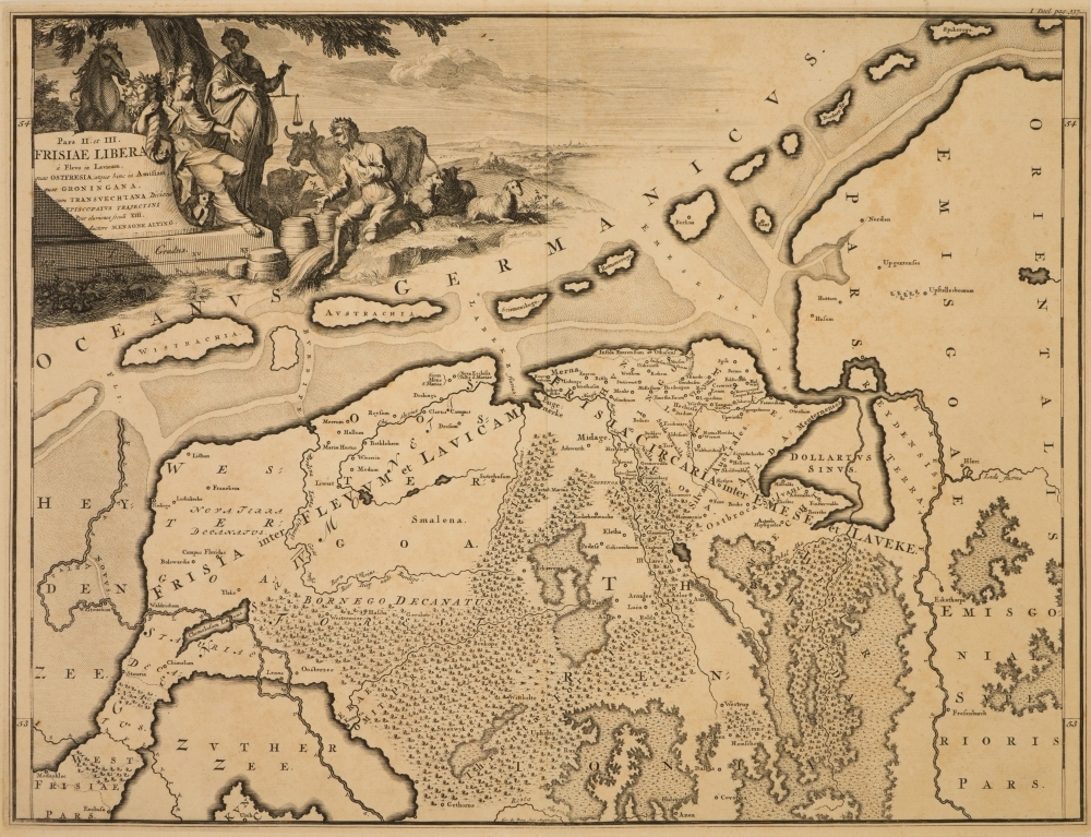 Historische kaart van Friesland en Groningen na de overstromingen in de 13de eeuw