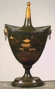 Beschilderde blikken kastanjevaas met deksel.