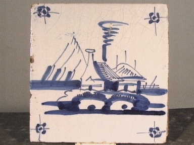 tegel met blauwe decoratie van landschap met huis.