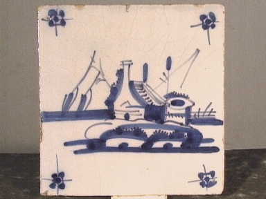 tegel met blauwe decoratie van landschap met huis.