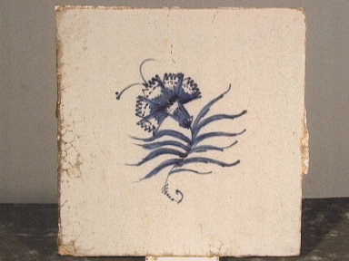 tegel met blauwe bloemdecoratie.