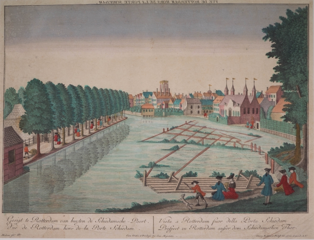 Gezicht op Rotterdam van buiten de Schiedamse Poort.