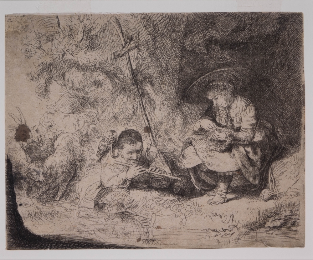 Fluitspeler en meisje met bloemenkrans.