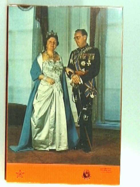 Oranje legpuzzel van 120 stukjes, met afbeelding ten voeten uit van Koningin Julinan in lange japon met blauwe mantel en Prins Bernhard in galauniform.