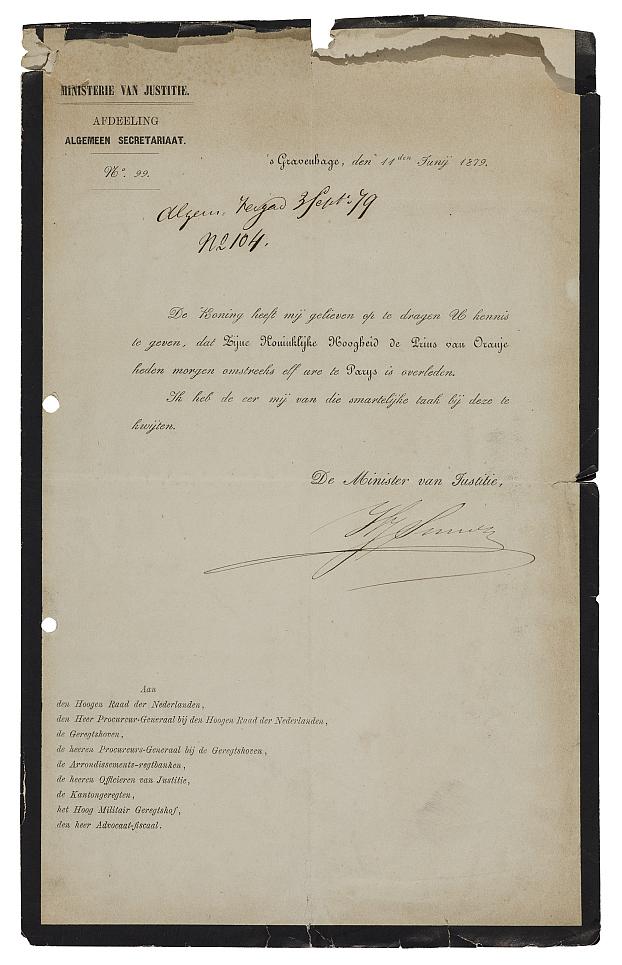 Rouwbrief naar aanleiding van het overlijden van kroonprins Willem te Parijs, 11 juni 1879, van de Minister van Justitie