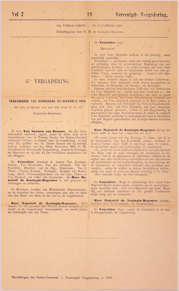 Uitgave met Eedsaflegging door H.M. de Koningin-Regentes Emma, 20 november 1890.