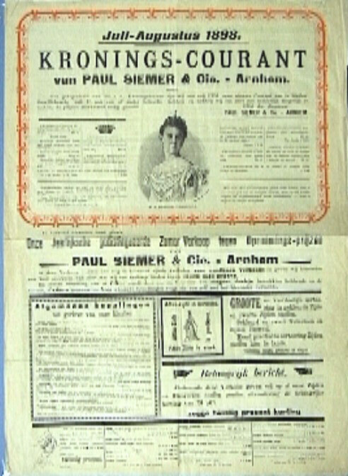 Advertentieblad rond het kroningsfeest van Wilhelmina in 1898.