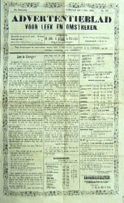 Advertentieblad voor Leek en omstreken, 3 september 1898, rond het kroningsfeest van Wilhelmina in 1898.