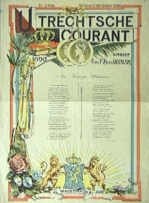 Feestnummer Utrechtse Courant, in kleurendruk, ter gelegenheid van de inhuldiging van koningin Wilhelmina.