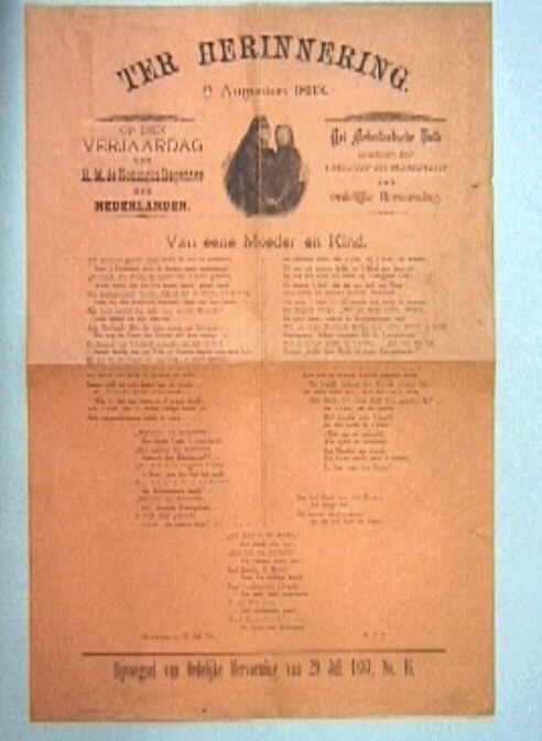 Verjaardagsgedicht voor koningin-regentes Emma, met portet in rouwkostuum.