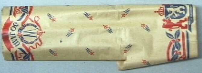 Rol pakpapier met opdruk in blauw en rood t.g.v. 50-jarig regeringsjublileum koningin Wilhelmina.