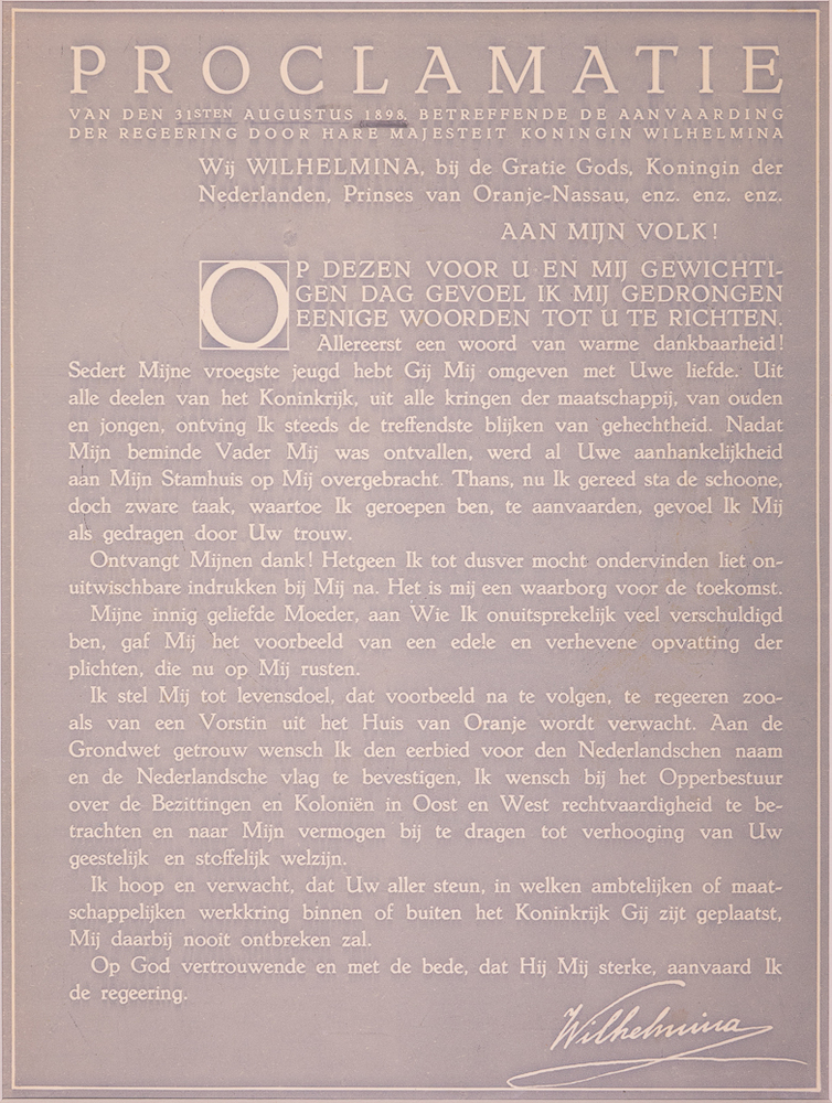 Proclamatie van Wilhelmina op de dag van haar meerderjarigheid. Nadruk.