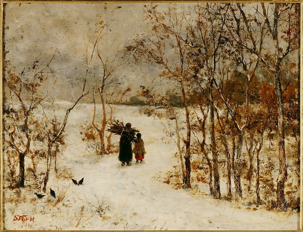 Sneeuwlandschap met sprokkelende vrouw.