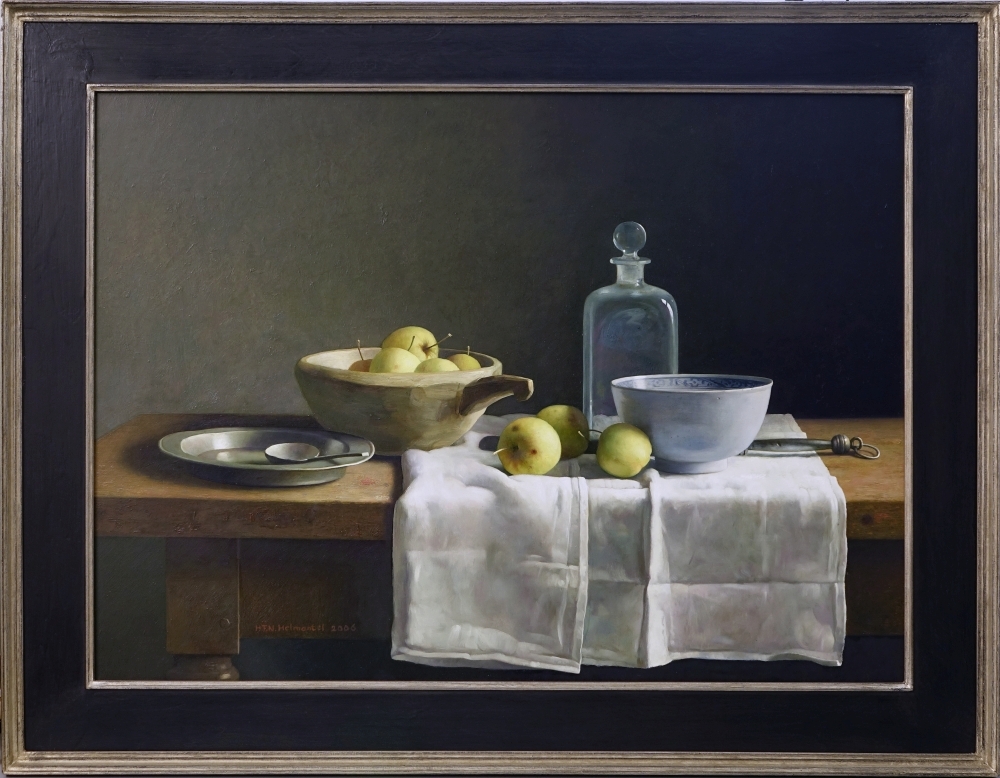 Stilleven met gele appels.