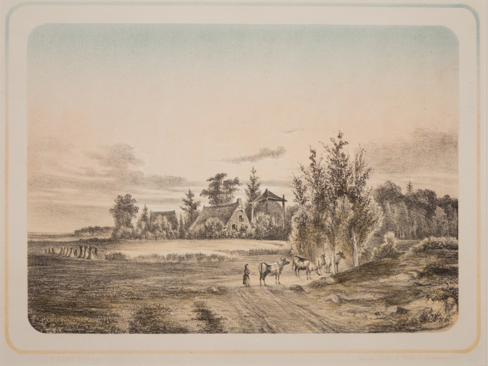 Landschap met boerderijen en vee