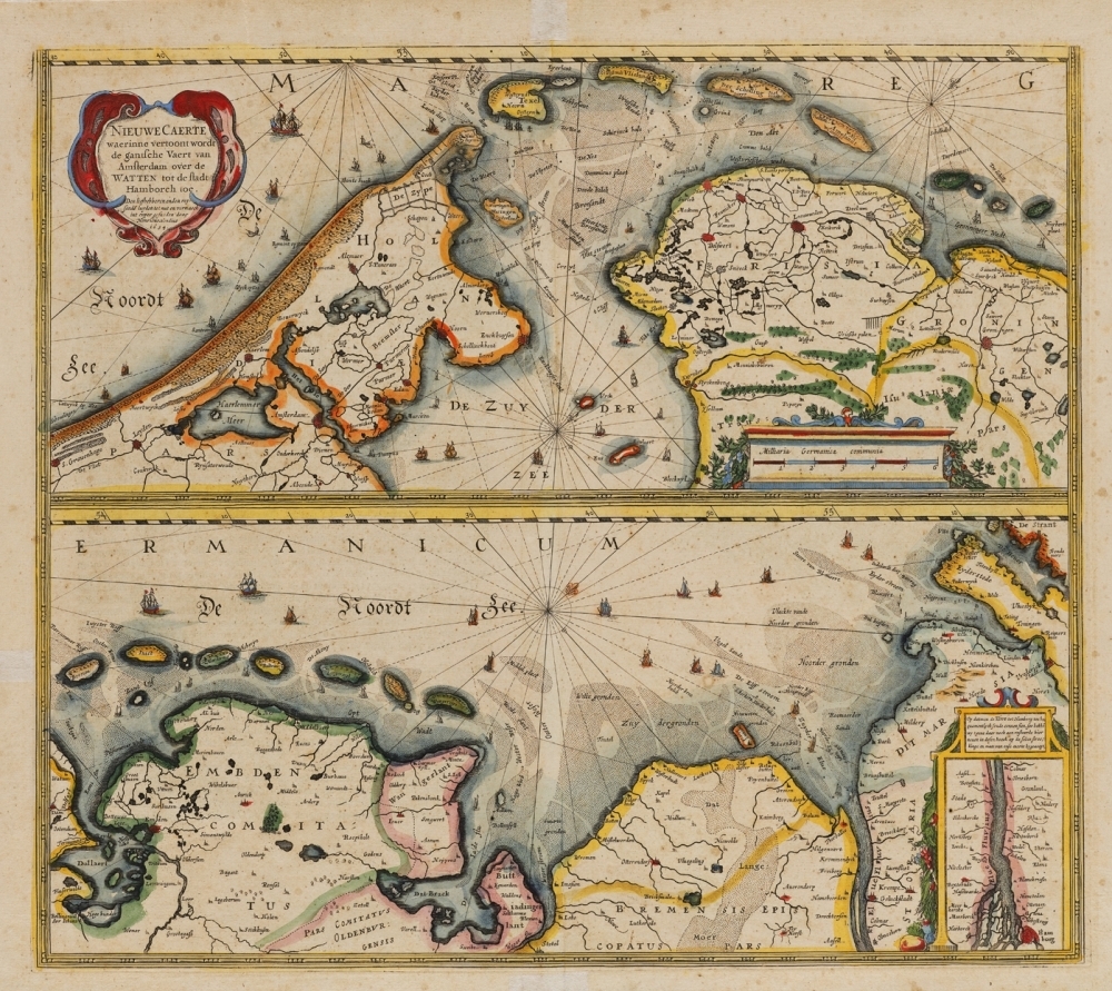 Kaart van de vaart van Amsterdam over de Wadden naar Hamburg