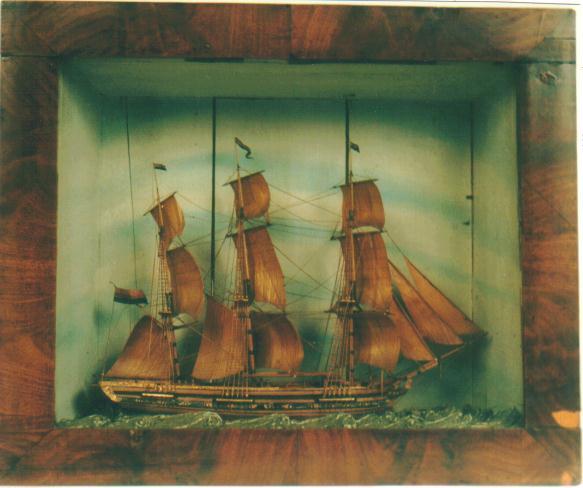 Waterlijnmodel van het driemastvolschip 'Koning Willem II' op woelige zee, 2e helft 19e eeuw.